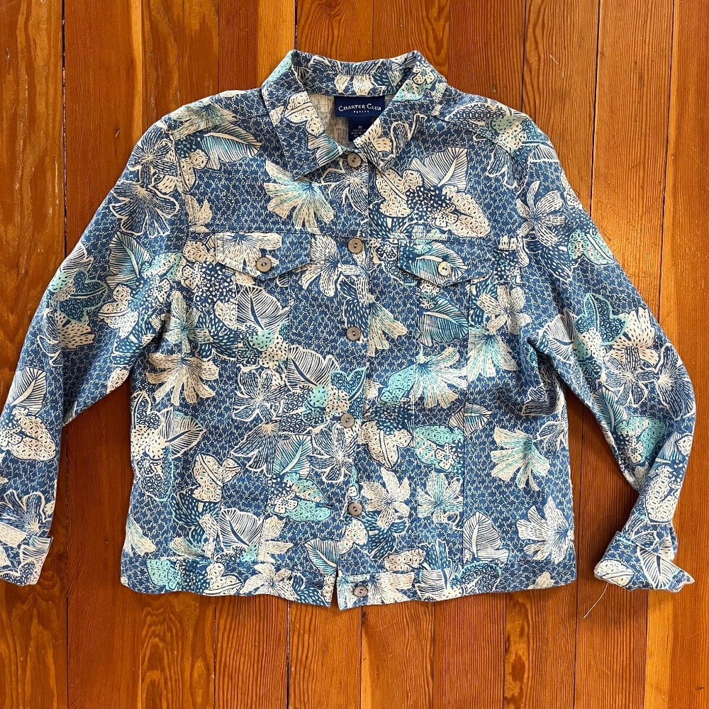 Charter Club 100% Linen Light Floral Print Jacket Sz Petite Med
